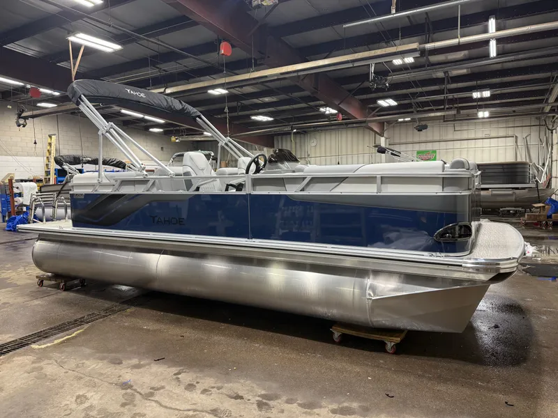 Slide: The Image of 2026 Tahoe Sport 2180 Quad Lounge pontoon boat in warehouse. - 38