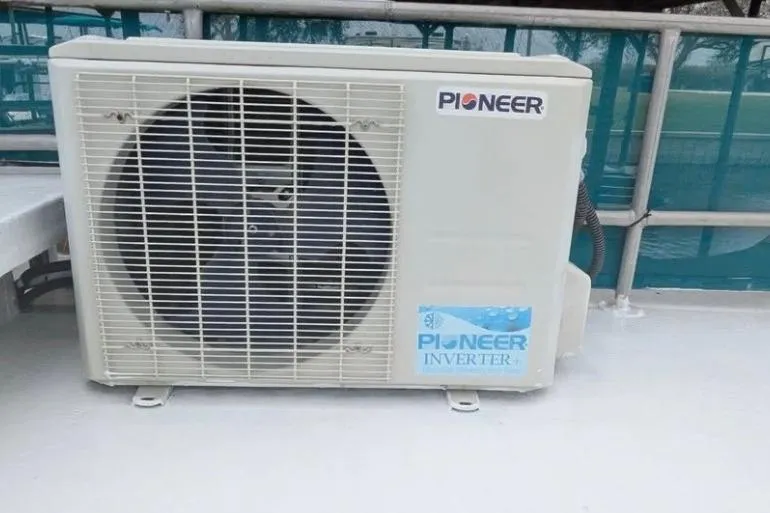 Slide: The Image of Pioneer inverter air conditioning unit on 1986 Stardust Cruisers houseboat deck. - 14