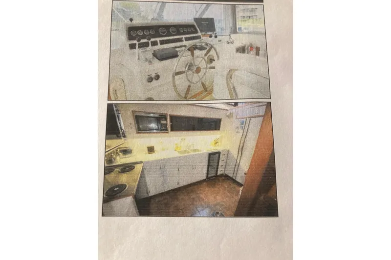 Slide: The Image of 1985 Bertram 58 Flybridge Motor Yacht helm and galley interior views. - 3