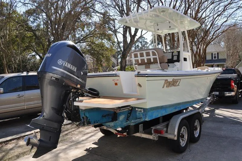 Slide: The Image of 2018 Parker 2300 Center Console boat on trailer with Yamaha outboard motor. - 1