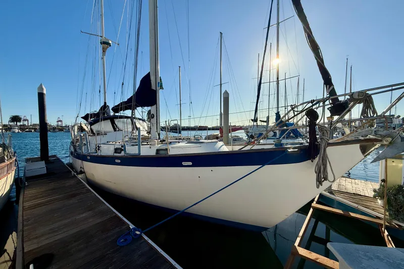 The Image of 1981 Mariner Mayflower sailboat docked at marina under clear blue sky. - 1