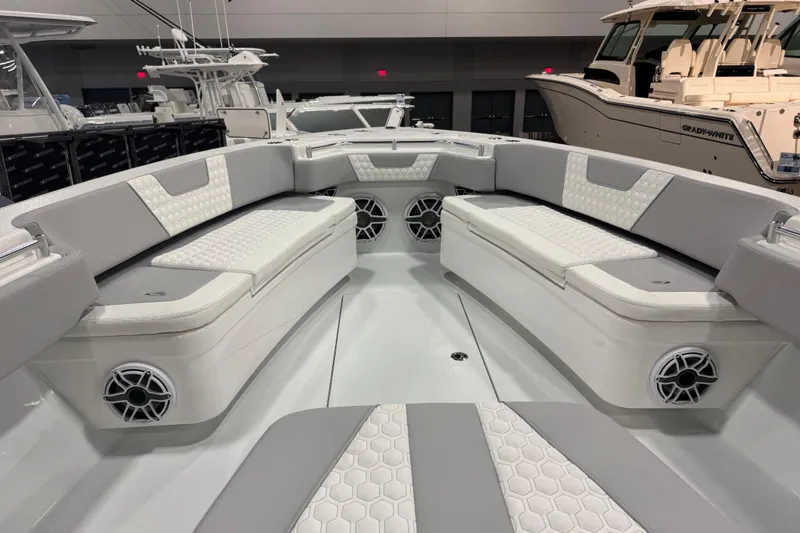 Slide: The Image of Luxurious interior of 2026 Contender 39 ST boat with cushioned seating and modern design. - 22