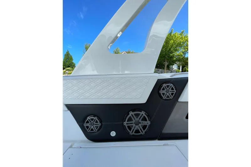 Slide: The Image of 2019 Cigarette 41' GTR boat interior with speakers and quilted upholstery. - 18