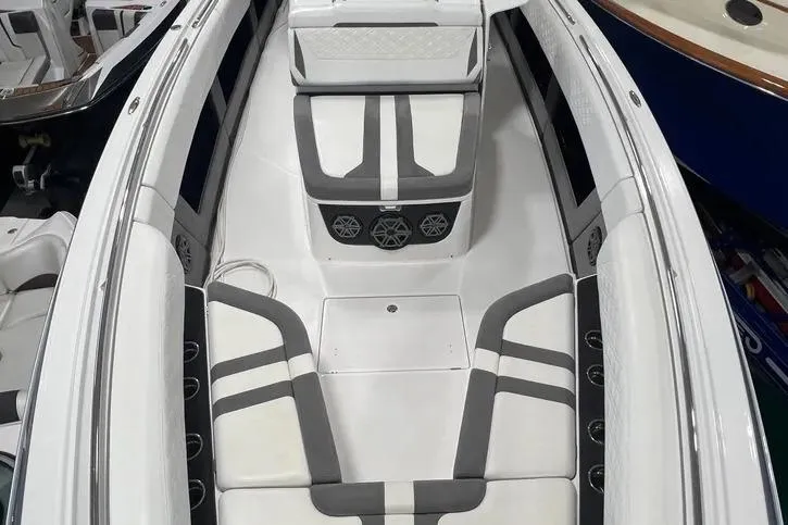Slide: The Image of 2019 Cigarette 41' GTR boat interior with sleek seating and modern design. - 21