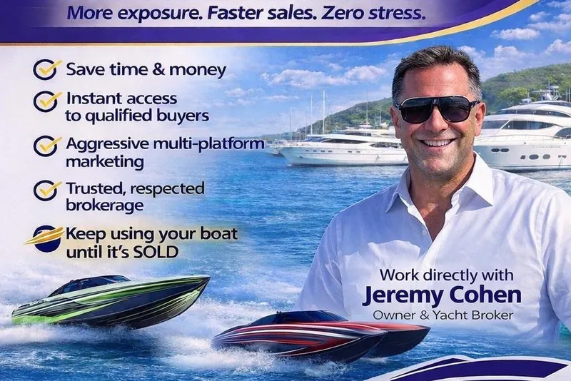 Slide: The Image of 2019 Cigarette 41' GTR yacht with broker, marketing benefits, and scenic marina background. - 32