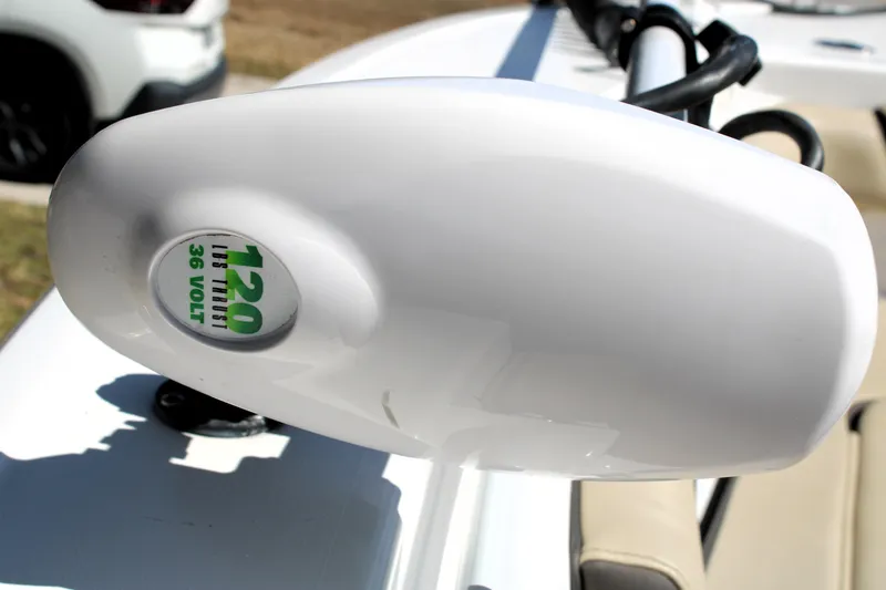 Slide: The Image of Close-up of a 2022 Tidewater 272 CC Adventure boat's 120 lb thrust, 36-volt motor. - 30