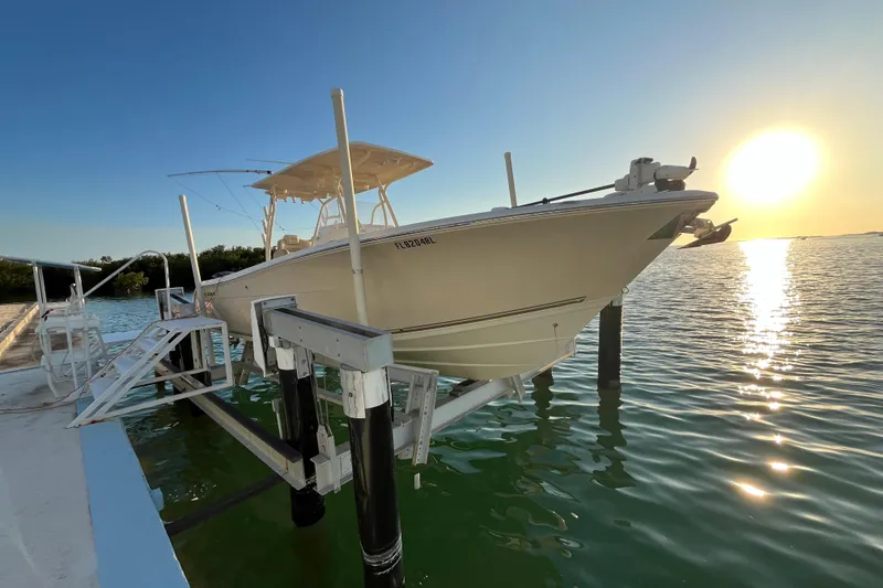 The Image of 2014 Cobia 296 Center Console boat on lift at sunset over water. - 1