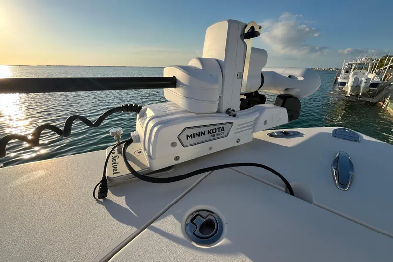 Slide: The Image of 2014 Cobia 296 Center Console with Minn Kota motor on calm water at sunset. - 15