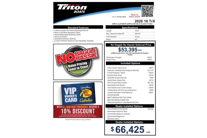 Slide: The Image of Triton 18 TrX 2026 boat pricing and features, including no-haggle price and optional upgrades. - 25