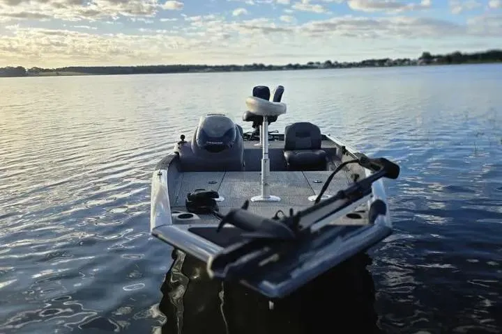 Slide: The Image of 2020 Tracker Pro Team 175 TF boat on calm lake at sunset. - 18