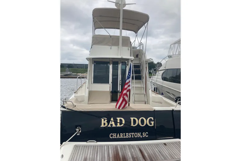 Slide: The Image of 2021 Sabre 42 Fly Bridge yacht, "Bad Dog," docked in Charleston, SC. - 4