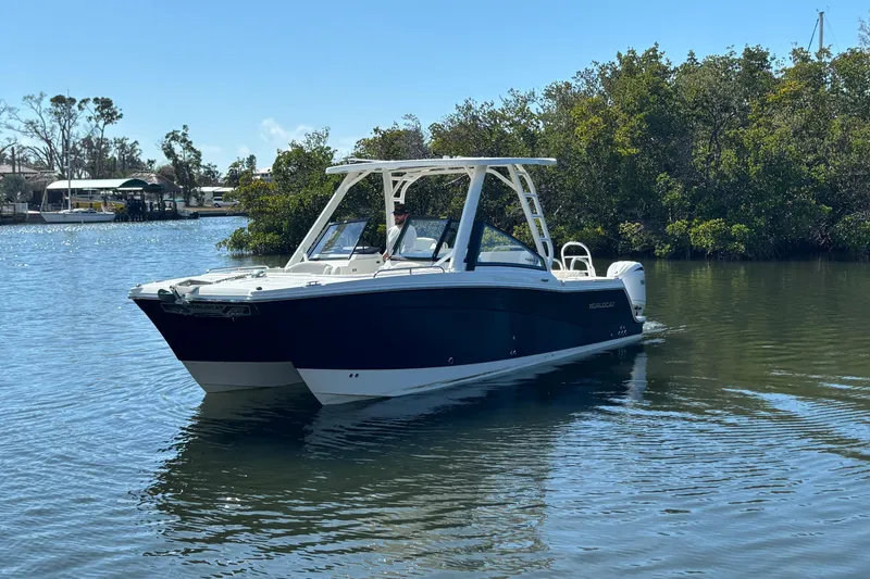 Slide: The Image of 2026 World Cat 265 DC-X boat cruising on a calm river, surrounded by lush greenery. - 2