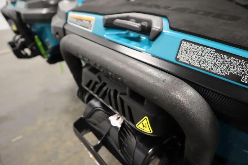 Slide: The Image of 2019 Sea-Doo Wake Pro 230 rear view, showcasing handle and safety label. - 32
