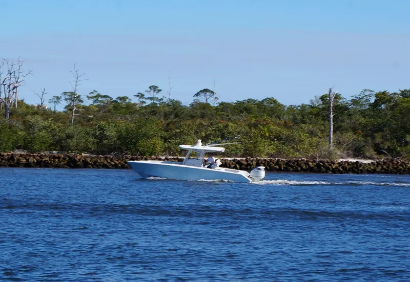 Slide: The Image of 2015 Jupiter 30 FS boat cruising on a calm river near lush greenery. - 17