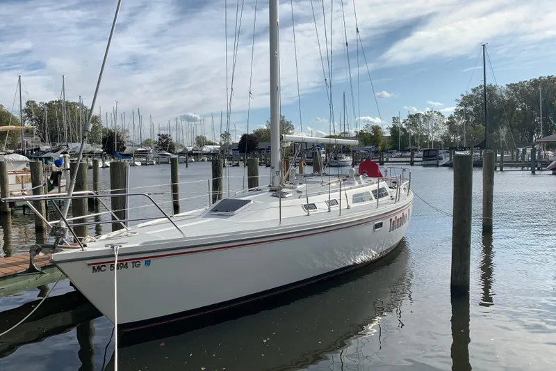 The Image of Sailboat docked in marina, 1992 Catalina 36 model, under a partly cloudy sky. - 0