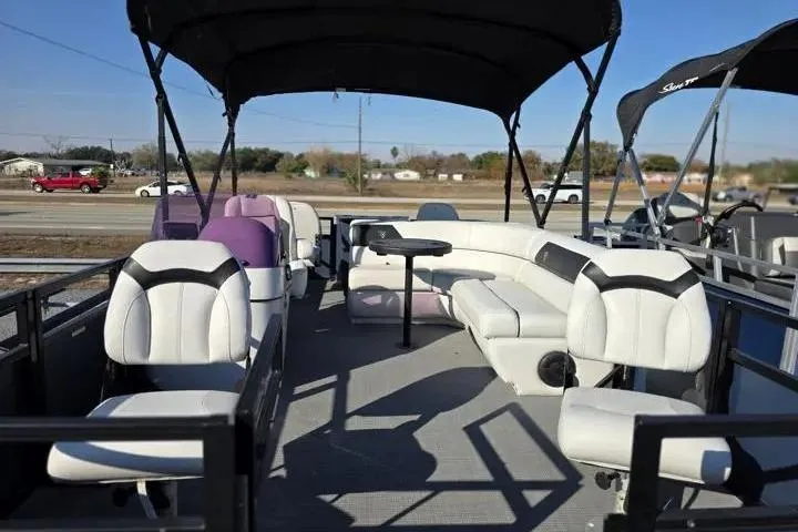 Slide: The Image of 2021 Misty Harbor Del Mar 18F pontoon boat with spacious seating and canopy. - 11