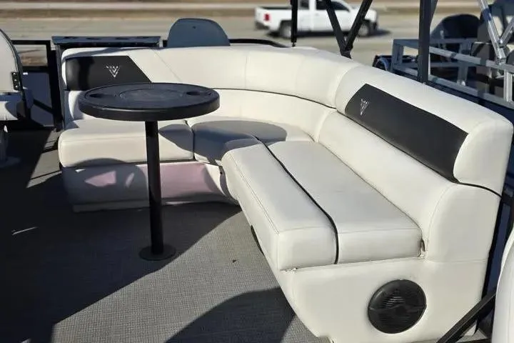 Slide: The Image of 2021 Misty Harbor Del Mar 18F pontoon boat with white seating and round table. - 16