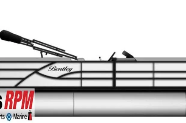 Slide: The Image of 2026 Bentley Pontoons Legacy 200 Navigator side view, sleek design with logo and railing details. - 33