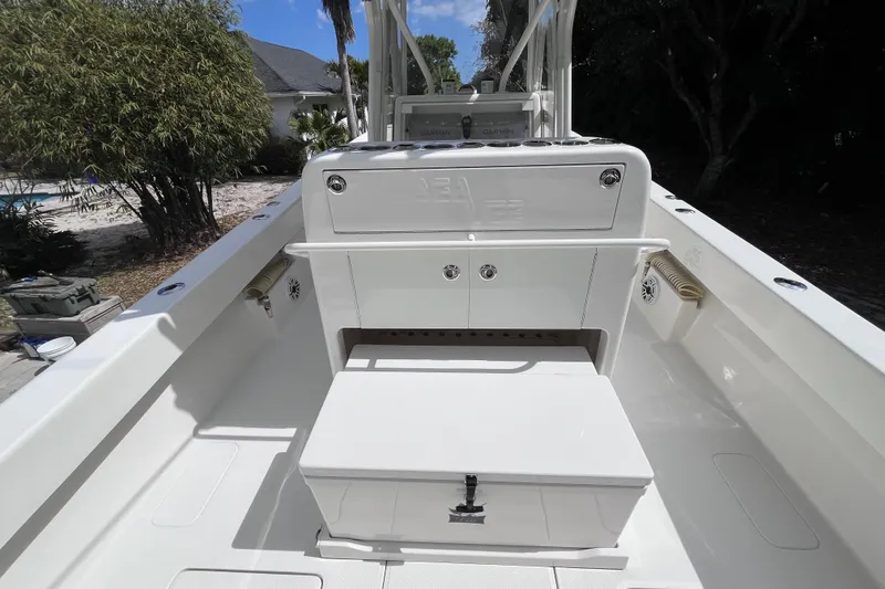 Slide: The Image of 2021 SeaVee 340B Open boat interior with storage and seating area. - 17
