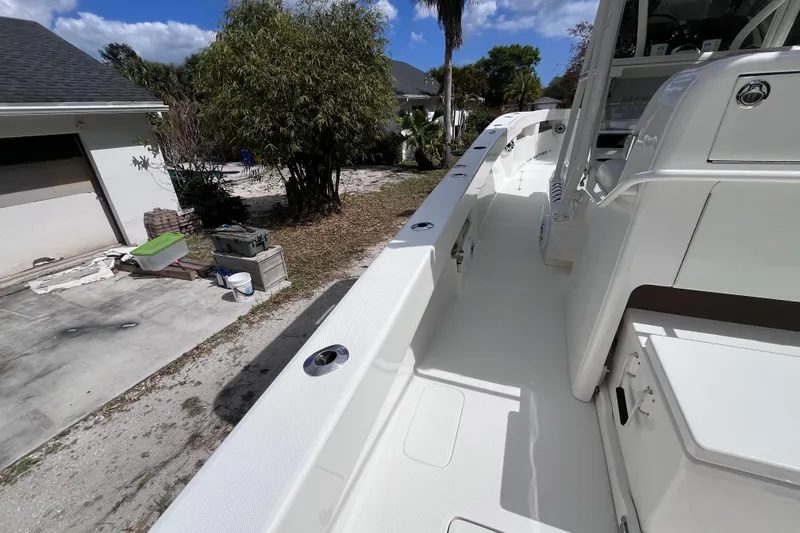 Slide: The Image of 2021 SeaVee 340B Open boat deck, featuring sleek design and modern amenities. - 18