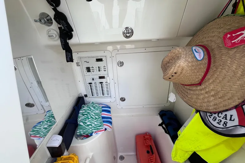 Slide: The Image of Interior of 2021 SeaVee 340B Open boat with control panel and accessories. - 49