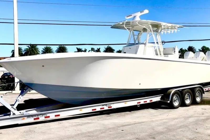 Slide: The Image of 2021 SeaVee 340B Open boat on trailer, ready for transport. - 5