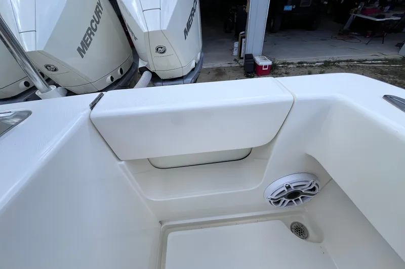 Slide: The Image of 2021 SeaVee 340B Open boat interior with Mercury engines and speaker. - 60