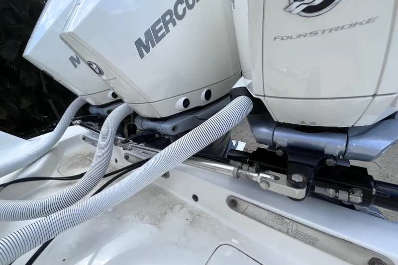 Slide: The Image of 2021 SeaVee 340B Open boat with Mercury FourStroke engines, close-up view. - 62