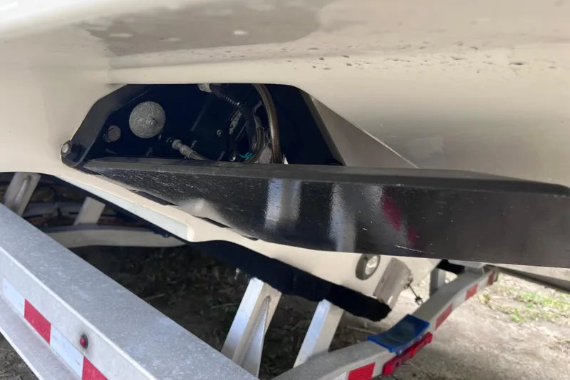 Slide: The Image of 2021 SeaVee 340B Open boat detail on trailer, showcasing hull and components. - 64