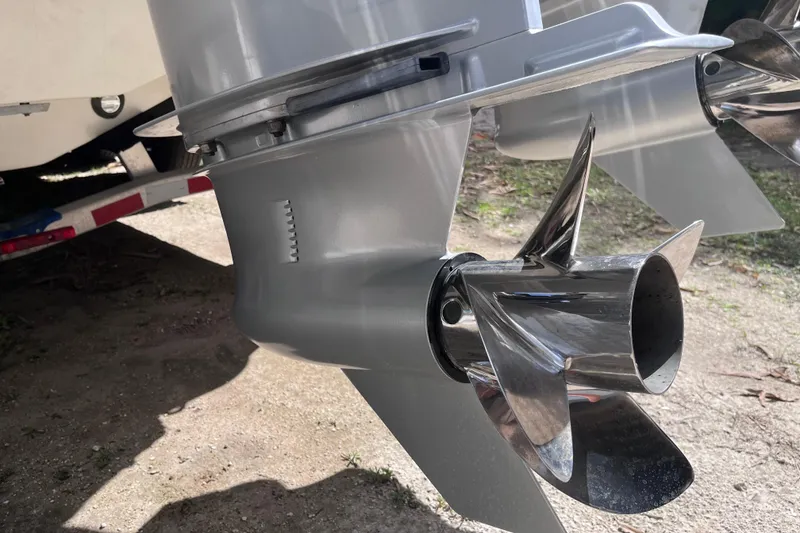 Slide: The Image of Close-up of 2021 SeaVee 340B Open boat propeller on a trailer. - 67