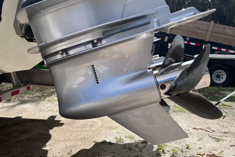 Slide: The Image of Close-up of a 2021 SeaVee 340B Open boat propeller in sunlight. - 68