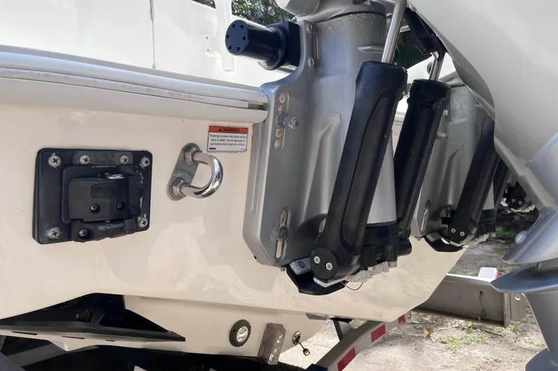 Slide: The Image of 2021 SeaVee 340B Open boat transom with outboard motor mounts and hardware. - 69