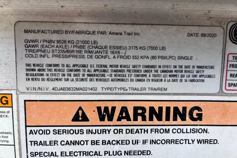 Slide: The Image of 2021 SeaVee 340B Open trailer warning label, safety and weight specifications. - 74