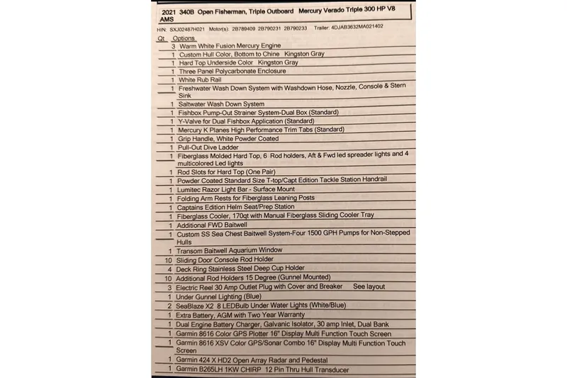 Slide: The Image of 2021 SeaVee 340B Open features list with Mercury Verado Triple 300 HP V8 engines. - 9