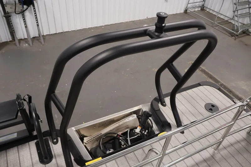 Slide: The Image of 2026 Bentley Pontoons 223 ELITE SWINGBACK DUAL CAPTAIN, rear view with railing and equipment. - 27
