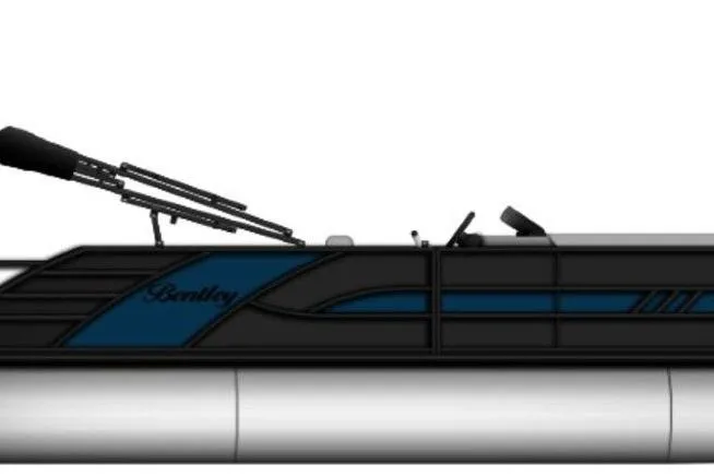 Slide: The Image of 2026 Bentley Pontoons 223 Elite Swingback Dual Captain, sleek design, side view. - 3