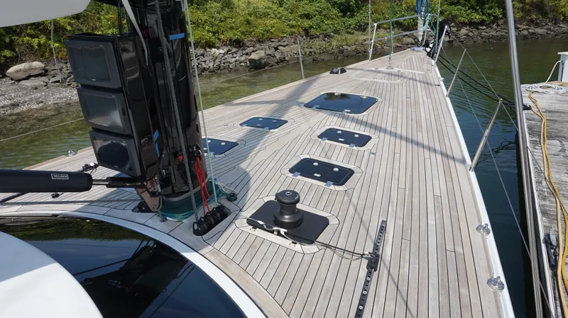 Slide: The Image of Reichel/Pugh 2007 yacht deck with wooden planks and fittings. - 4