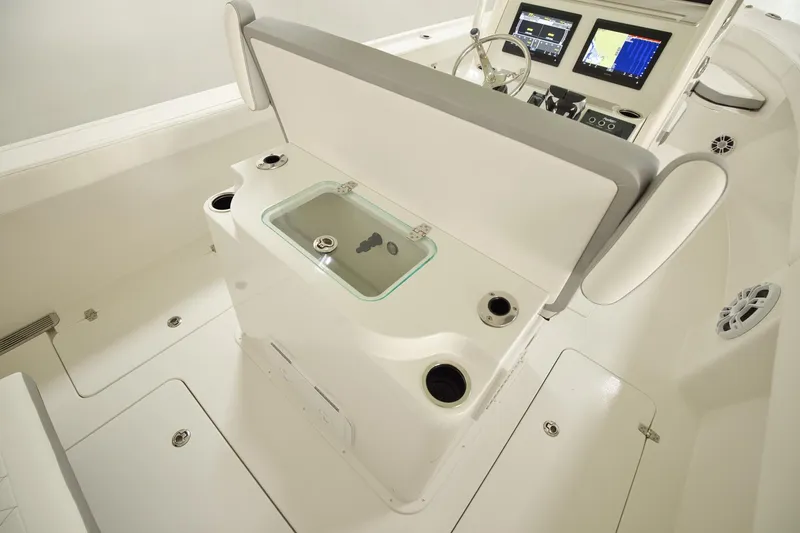 Slide: The Image of Interior of 2026 Parker 274 Fathom boat with modern dashboard and seating. - 6