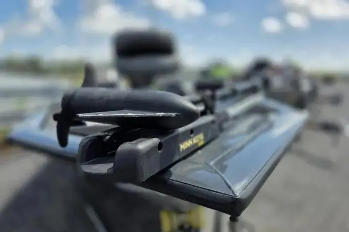 Slide: The Image of 2020 Tracker Pro Team 175 TF boat with Minn Kota trolling motor, close-up view. - 15