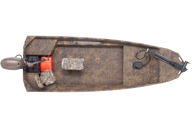 The Image of Manufacturer Provided Image: 2026 G3 Gator Tough 16 FL boat, top view, camo design, outboard motor, and seating. - 0