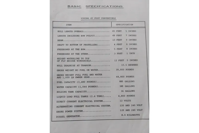 Slide: The Image of Specifications sheet for 1999 Viking 45 Convertible boat, detailing dimensions and capacities. - 51