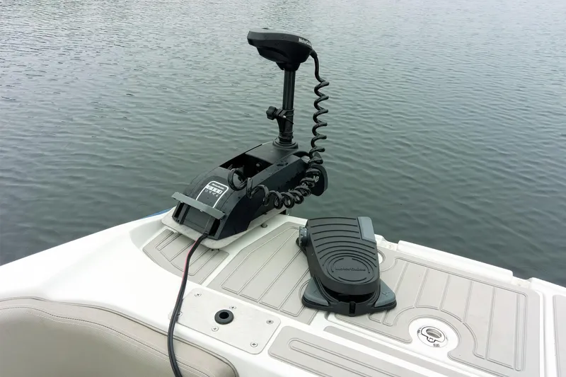 Slide: The Image of 2024 Crownline Eclipse E210 XS boat with trolling motor on calm water. - 14