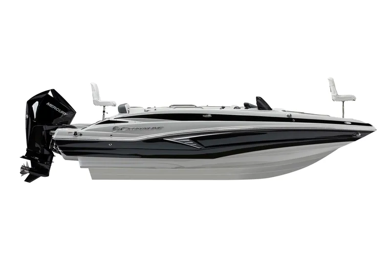 Slide: The Image of 2024 Crownline Eclipse E210 XS boat, sleek black and white design, side view. - 3