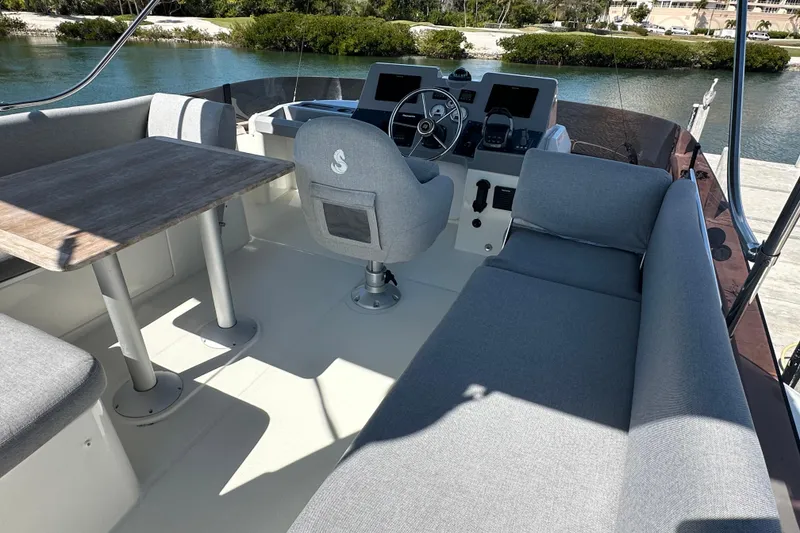 Slide: The Image of Flybridge of 2021 Beneteau Swift Trawler 41 Fly, featuring covered seating and table. - 9