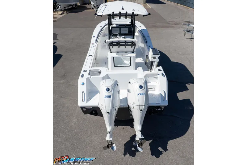 Slide: The Image of 2026 Sea Hunt Gamefish 25 boat with dual Yamaha 200 engines, viewed from above. - 41
