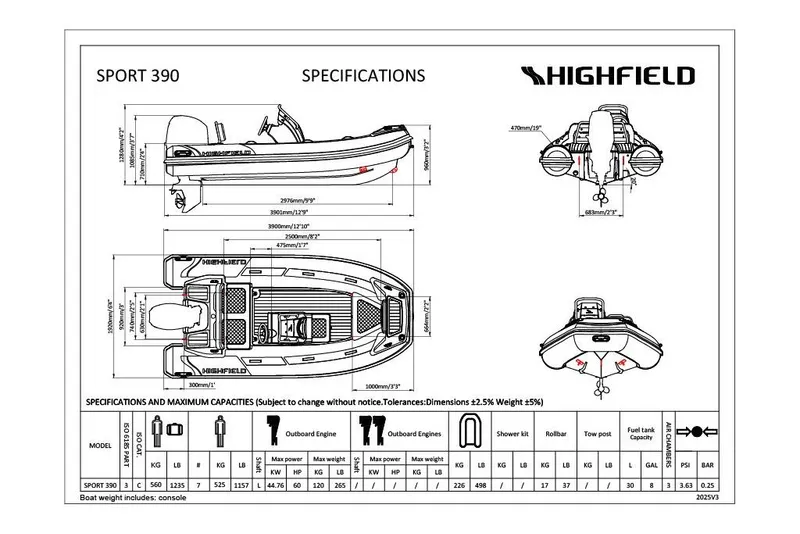 Slide: The Image of Blueprint of 2025 Highfield Sport 390 boat with detailed specifications and dimensions. - 9