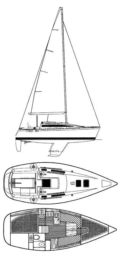 Slide: The Image of Beneteau First 285 sailboat 1990, side and interior view. - 27