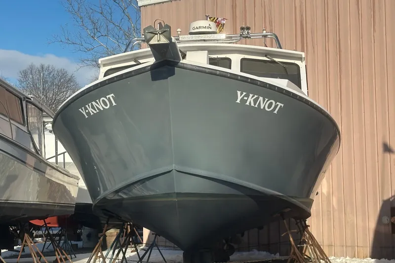 Slide: The Image of 2005 Evans 38 Chesapeake Bay Boat "Y-Knot" in dry dock, front view. - 20