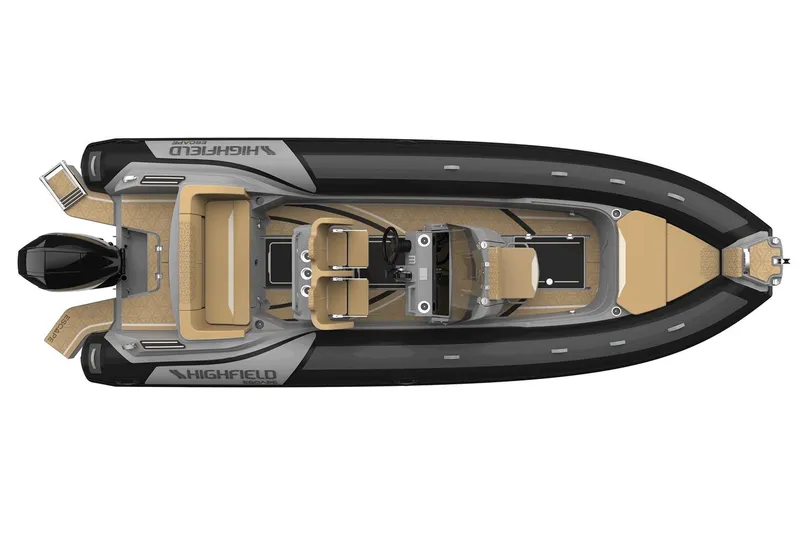Slide: The Image of Manufacturer Provided Image: 2025 Highfield Escape 650 boat, top view, sleek design, black and tan color scheme. - 3