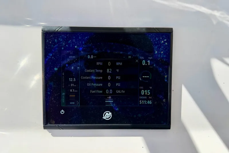 Slide: The Image of Digital display on 2023 Aquasport 2200 Center Console showing engine metrics and settings. - 19